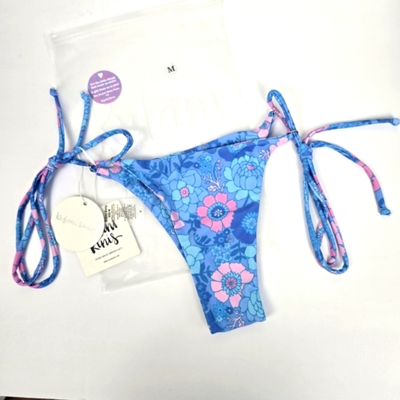 Kulani Kinis Side Tie‎ Thong Bikini Bottoms Floral Blue Pink Women Sz M Swimwear - Picture 1 of 9